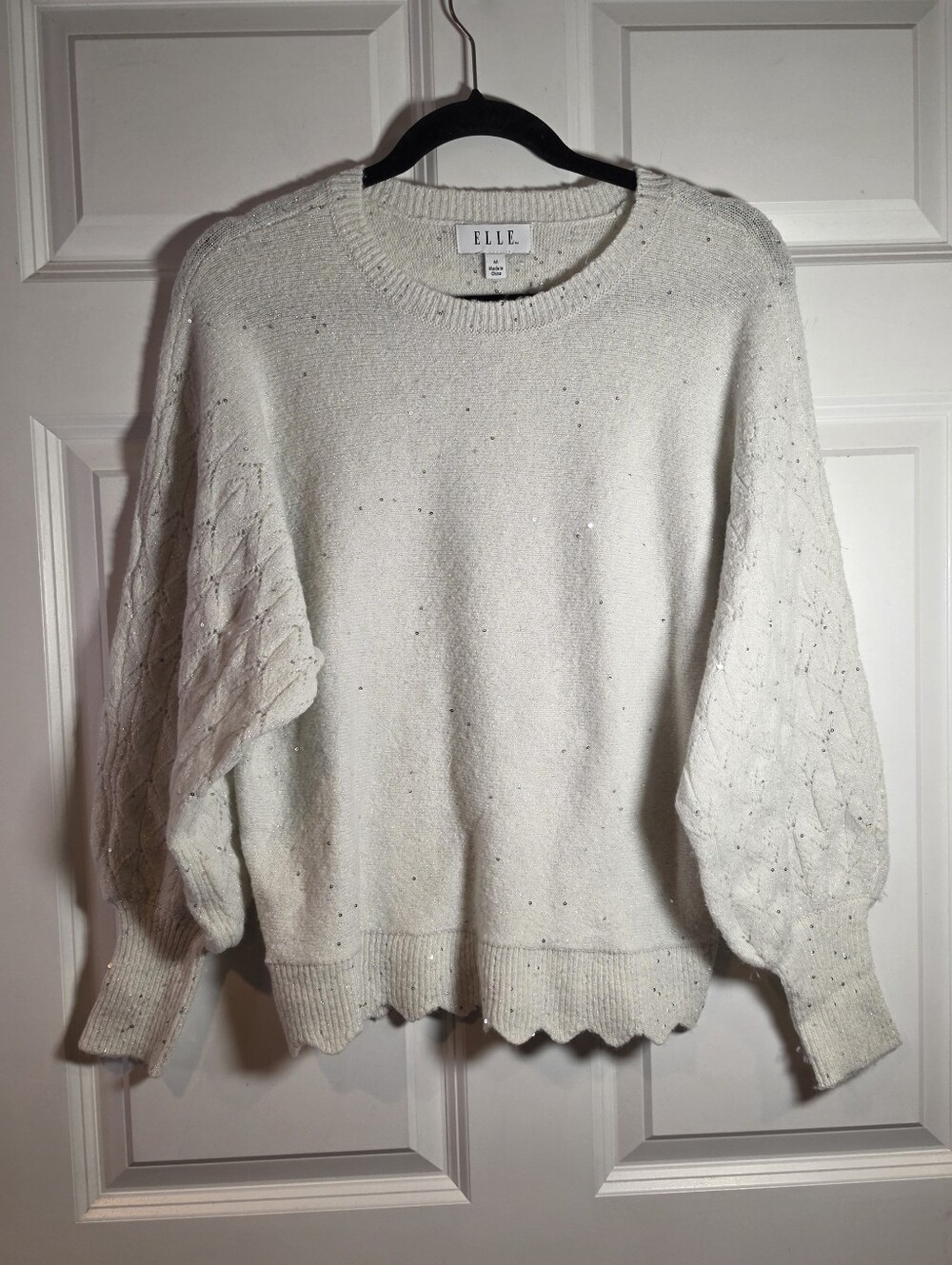 ELLE Cream Knit Balloon-Sleeve Sweater Sequin Detail Acrylic Nylon M